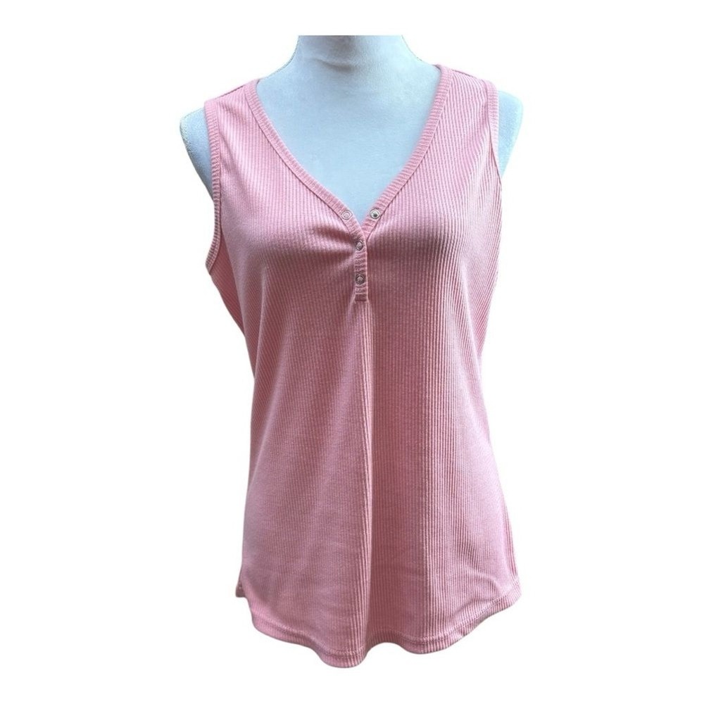 MEROKEETY Pink‎ Ribbed V Neck Button Front Sleeveless Tank Top L
